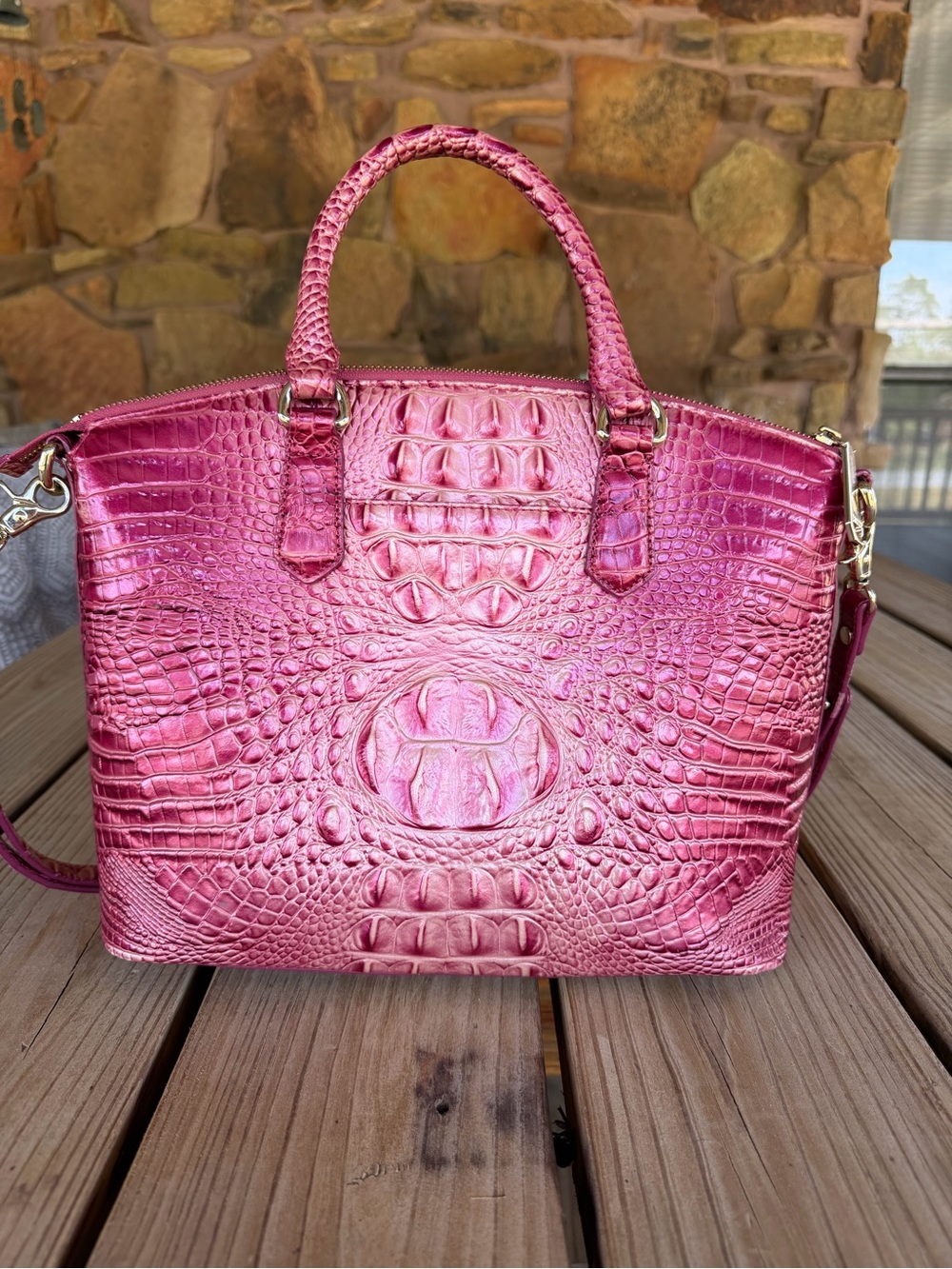 Brahmin Metallic Pink Croc-Embossed Satchel Bag - Picture 2 of 15